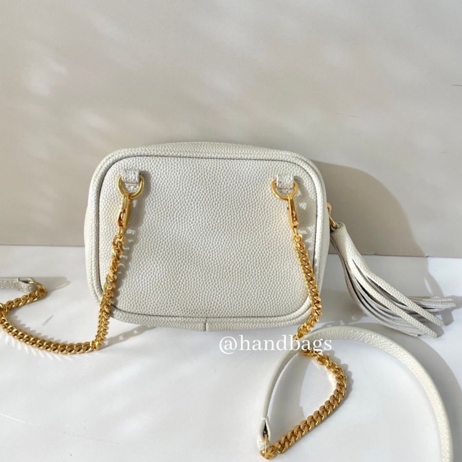 YSL 迷你 相機包 腰包 卡片包 金屬 LOGO 流蘇 荔枝 牛皮 米白 金釦 635088-1