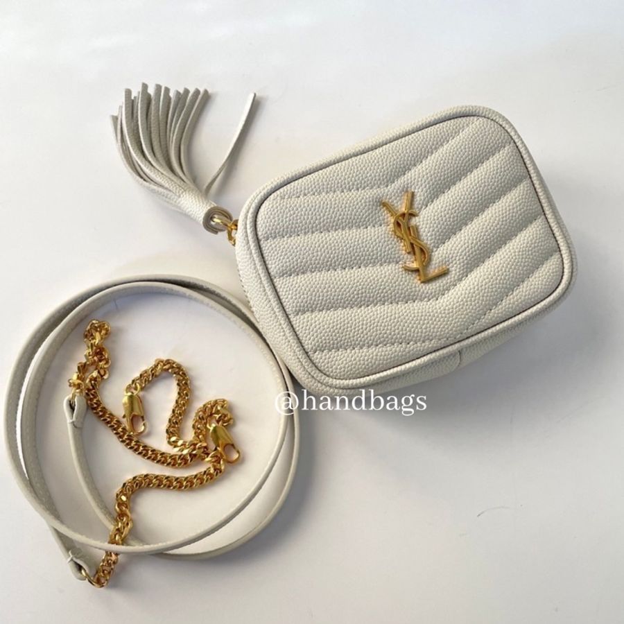YSL 迷你 相機包 腰包 卡片包 金屬 LOGO 流蘇 荔枝 牛皮 米白 金釦 635088-5