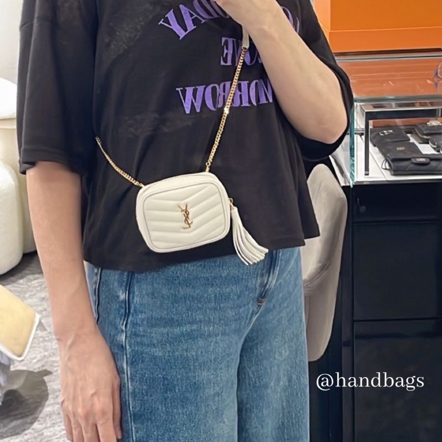 YSL 迷你 相機包 腰包 卡片包 金屬 LOGO 流蘇 荔枝 牛皮 米白 金釦 635088-11