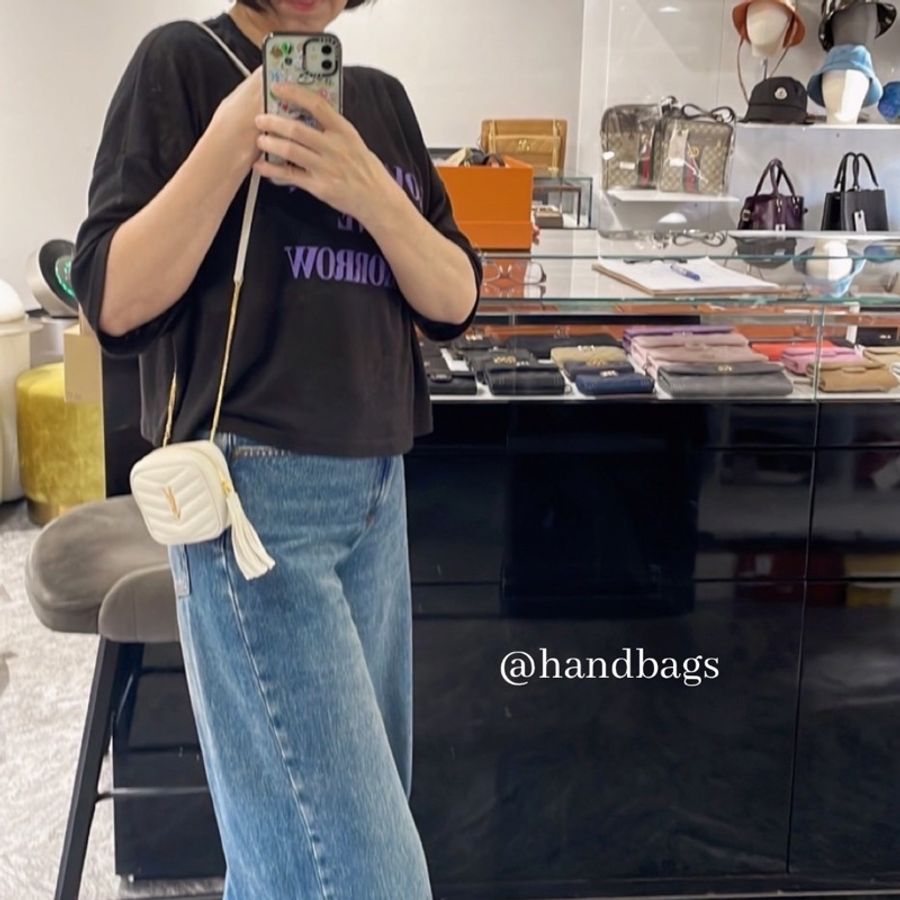 YSL 迷你 相機包 腰包 卡片包 金屬 LOGO 流蘇 荔枝 牛皮 米白 金釦 635088-12
