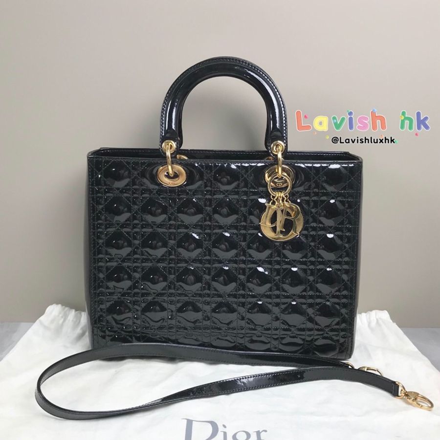 Dior 黑色漆皮戴妃包七格金扣-0