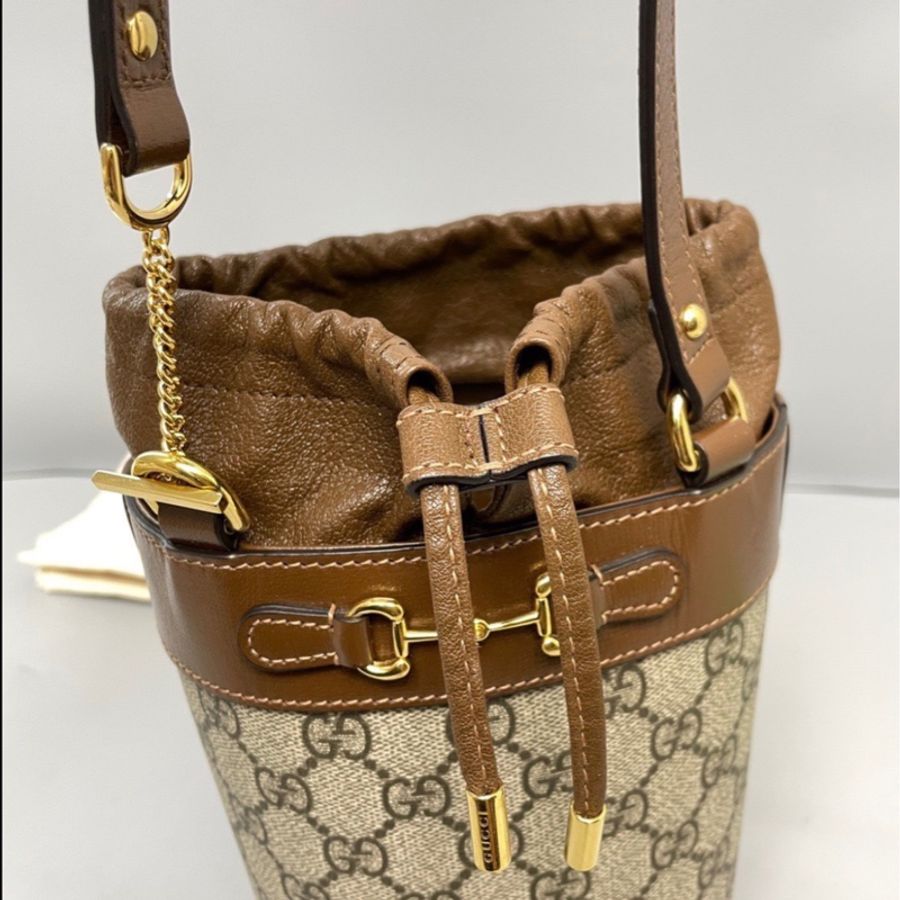 Gucci古馳馬銜扣 1955老花焦糖色水桶包-5