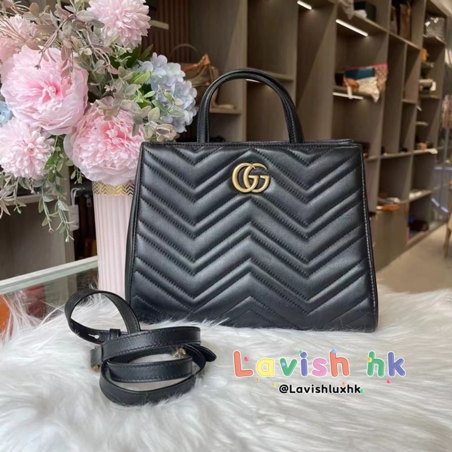 Gucci 黑金marmont手提包帶肩帶可調節-0