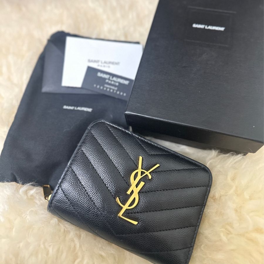 YSL魚子醬牛皮V字縫線 拉鍊中夾-0