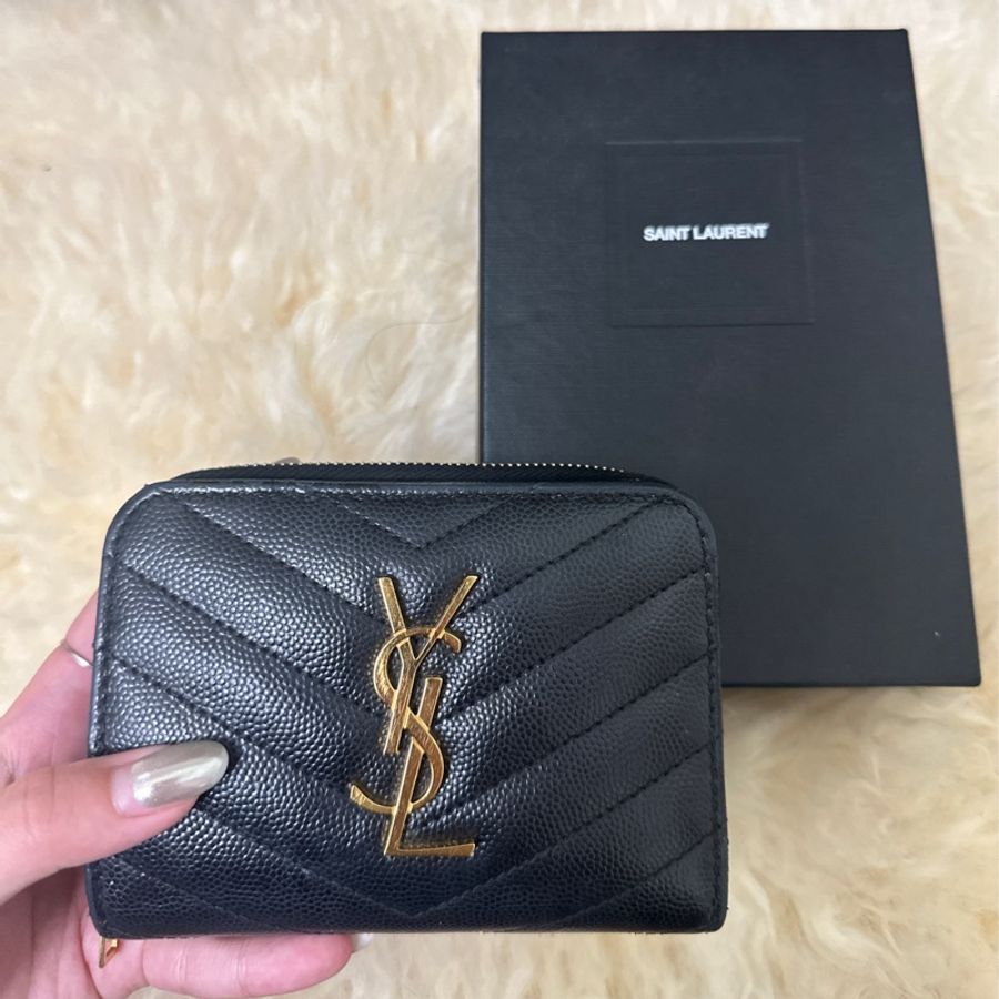 YSL魚子醬牛皮V字縫線 拉鍊中夾-6