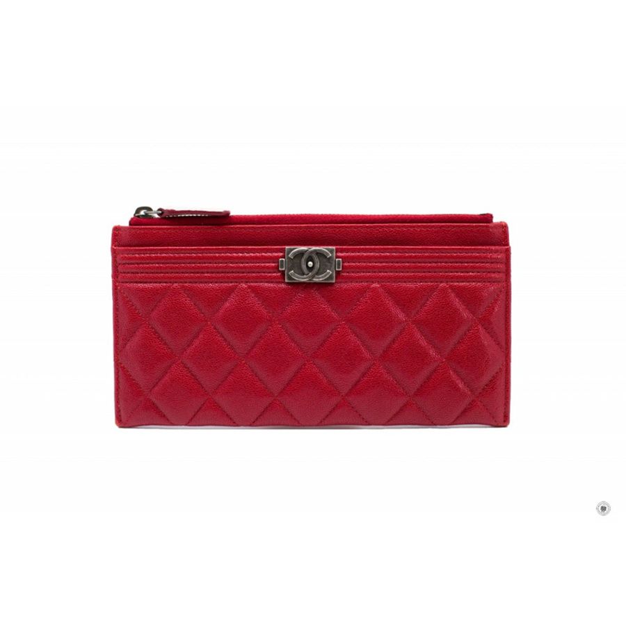 Chanel Boy Long Zip Pouch Red Caviar Pouch Sbhw-0