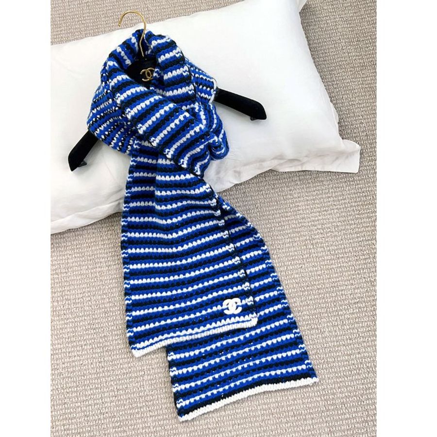 CHANEL 寶藍三色粗針織羊絨圍巾 cashmere-0