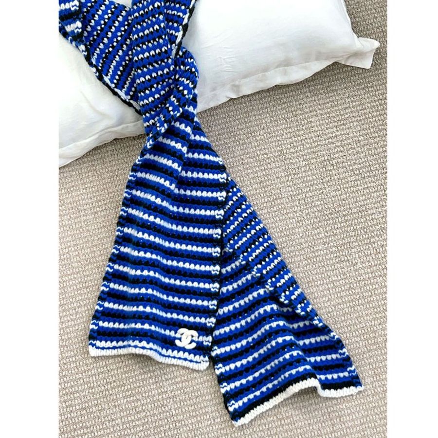 CHANEL 寶藍三色粗針織羊絨圍巾 cashmere-1