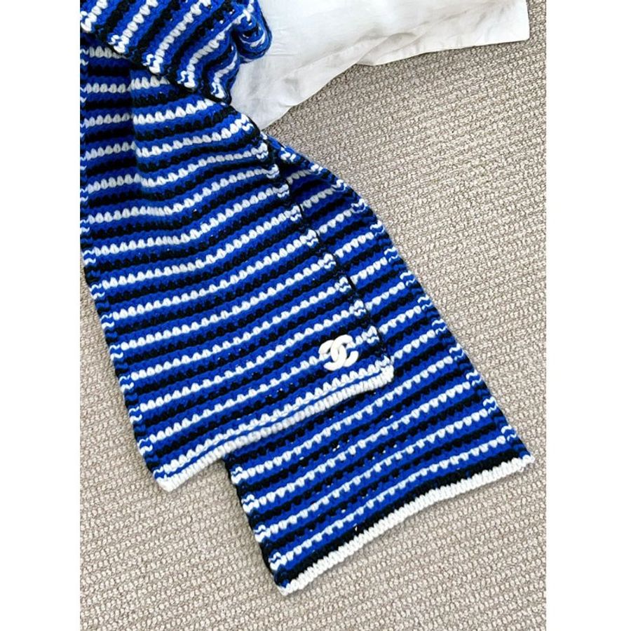 CHANEL 寶藍三色粗針織羊絨圍巾 cashmere-3