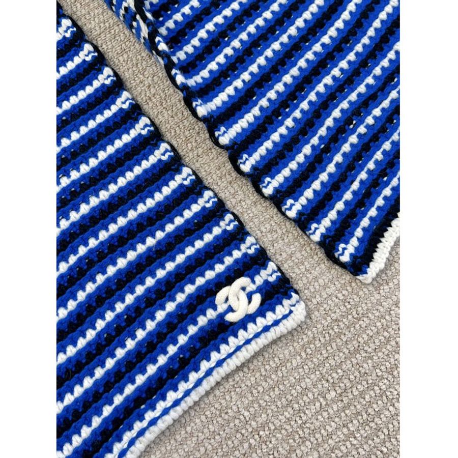 CHANEL 寶藍三色粗針織羊絨圍巾 cashmere-4