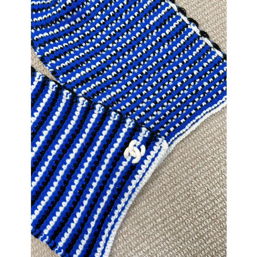 CHANEL 寶藍三色粗針織羊絨圍巾 cashmere-5