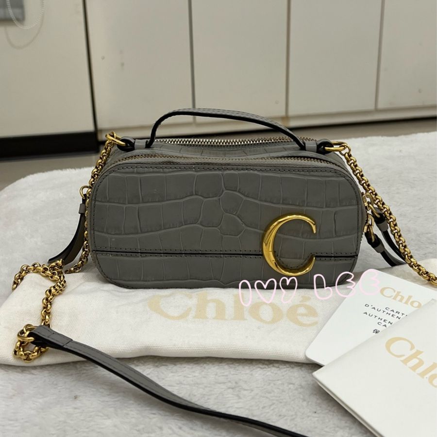 CHLOÉ mini Vanity crossbody bag 質感灰 鱷魚壓紋小牛皮 肩背包 斜背包 二手精品-0