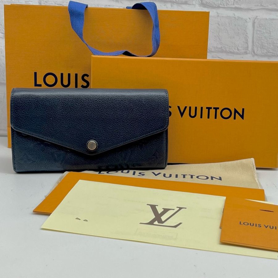 LOUIS VUITTON LV 深藍原花壓紋皮革長夾 全配 EMPREINTE SARAH-1
