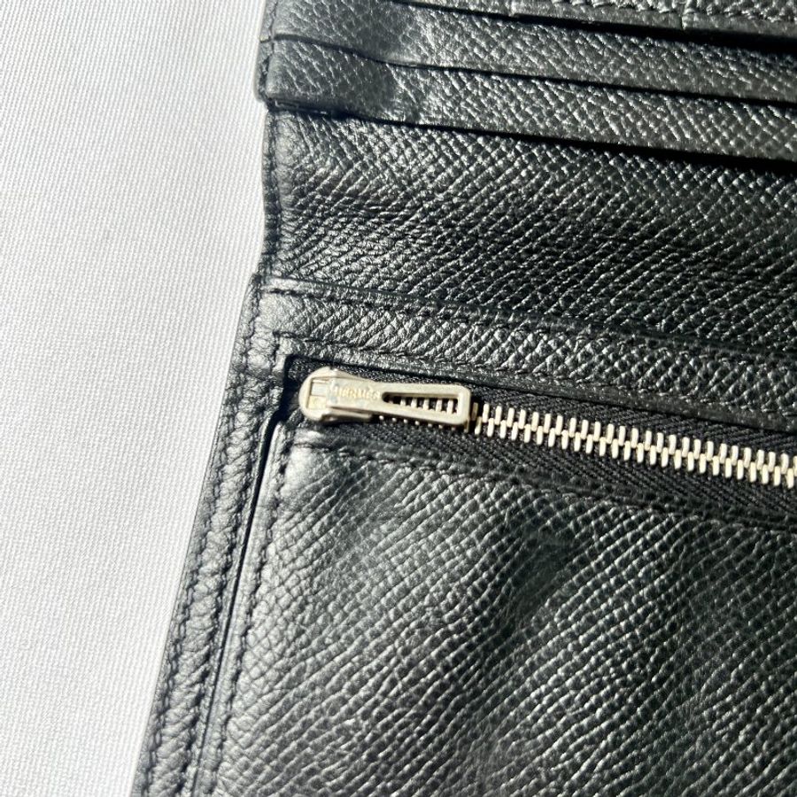 Hermes銀扣黑色皮革長夾錢銀包卡片套原裝盒 日出中古二手vintage-10