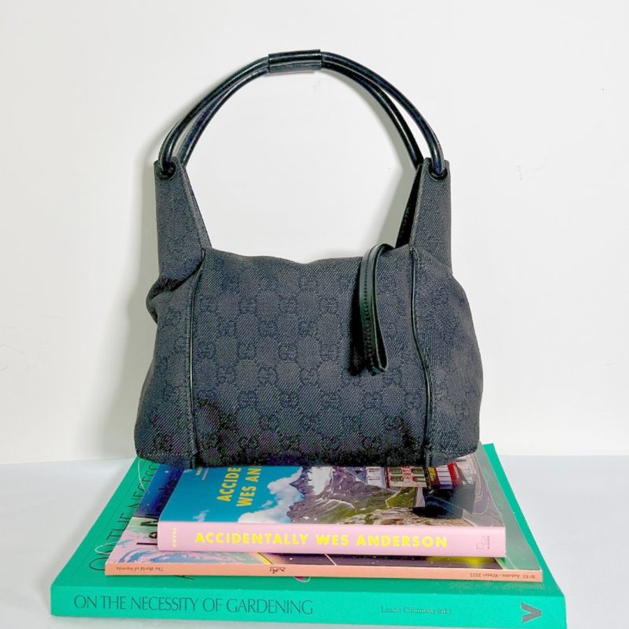 Gucci 黑色老花牛仔布側肩孭餃子包手提袋 日出中古二手vintage-0