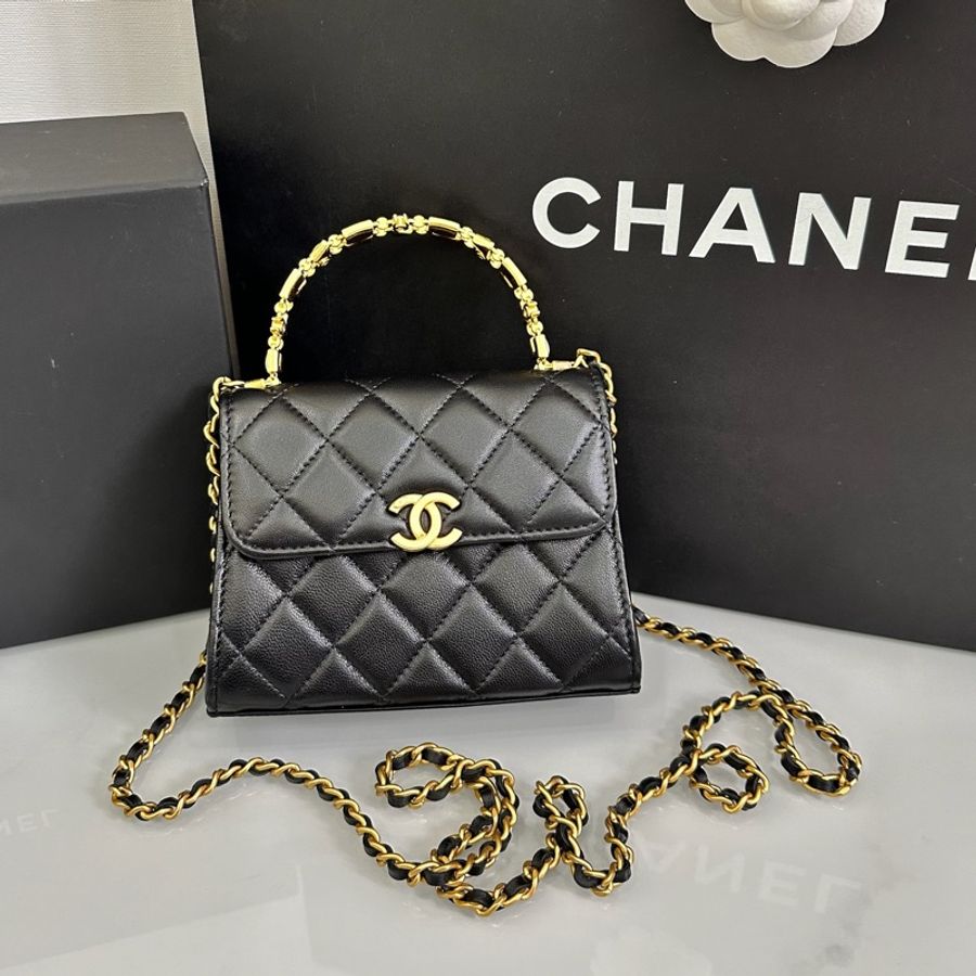 Chanel 22B 琺瑯提把 琺瑯手柄 Kelly 包 凱莉包 晶片款 中號 鏈條小廢包 復古金-0