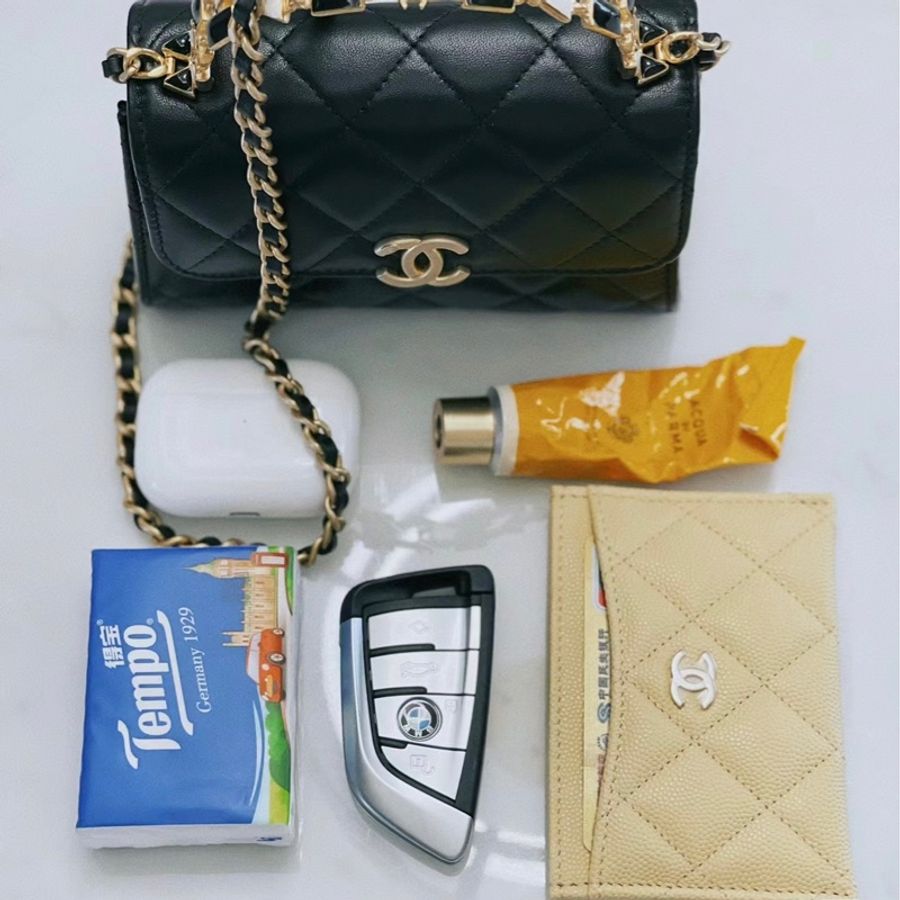 Chanel 22B 琺瑯提把 琺瑯手柄 Kelly 包 凱莉包 晶片款 中號 鏈條小廢包 復古金-3
