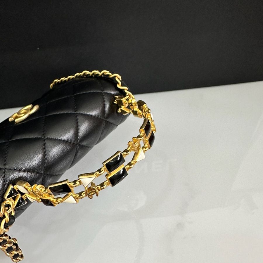 Chanel 22B 琺瑯提把 琺瑯手柄 Kelly 包 凱莉包 晶片款 中號 鏈條小廢包 復古金-6