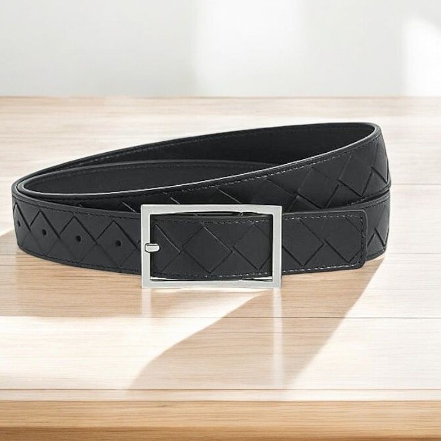 BV 牛皮編織細銀扣皮帶3CM寬/黑-0