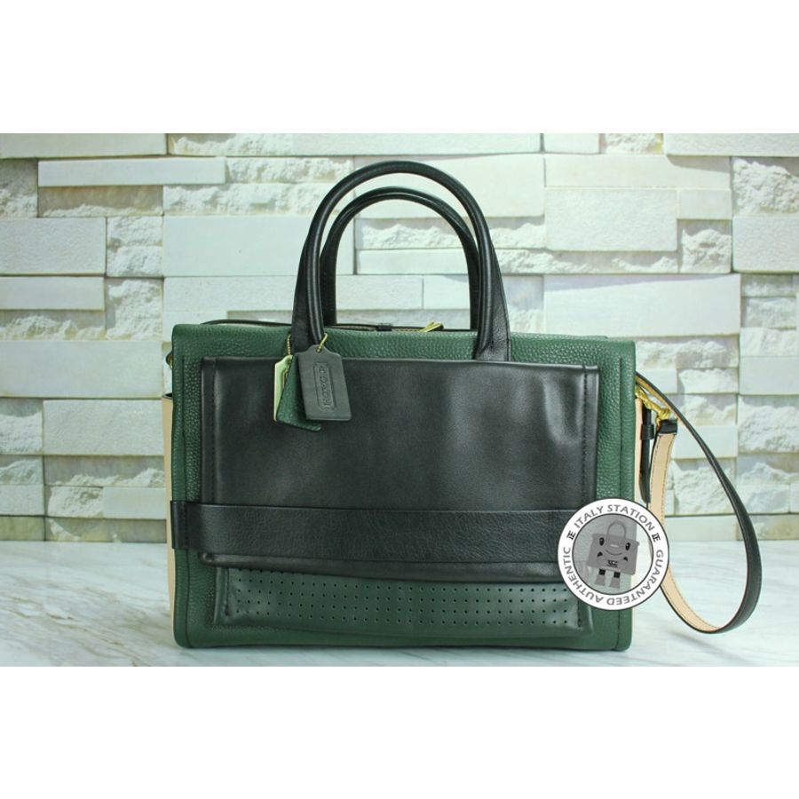 Coach F27994 Green+black+tan / B4/OL Leather Tote Bag Ghw-0