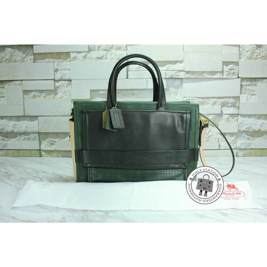 Coach F27994 Green+black+tan / B4/OL Leather Tote Bag Ghw-3
