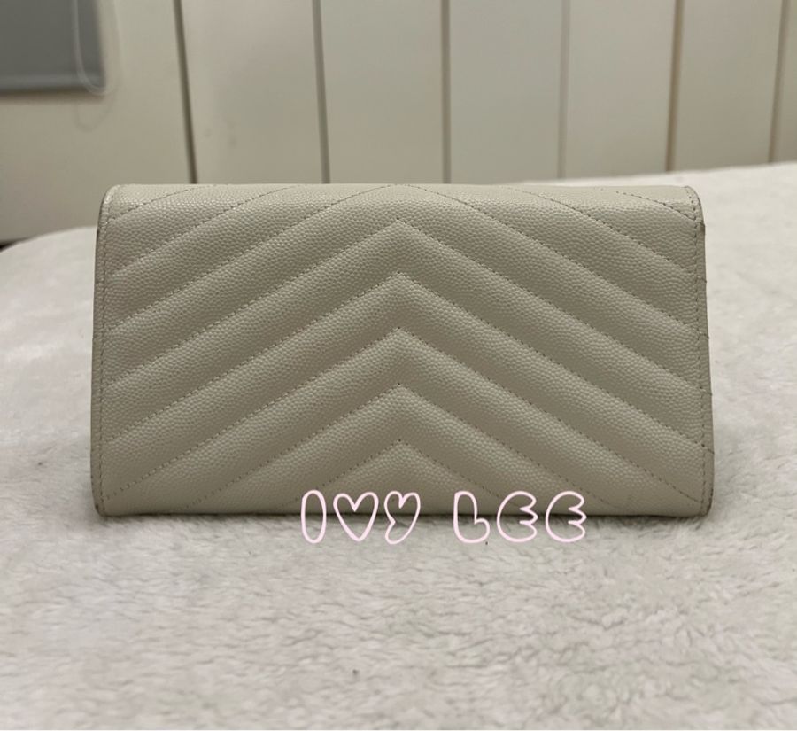 Saint Laurent YSL 372264 MONOGRAM V字紋牛皮金色LOGO扣式長夾 皮夾 白色二手精品-1