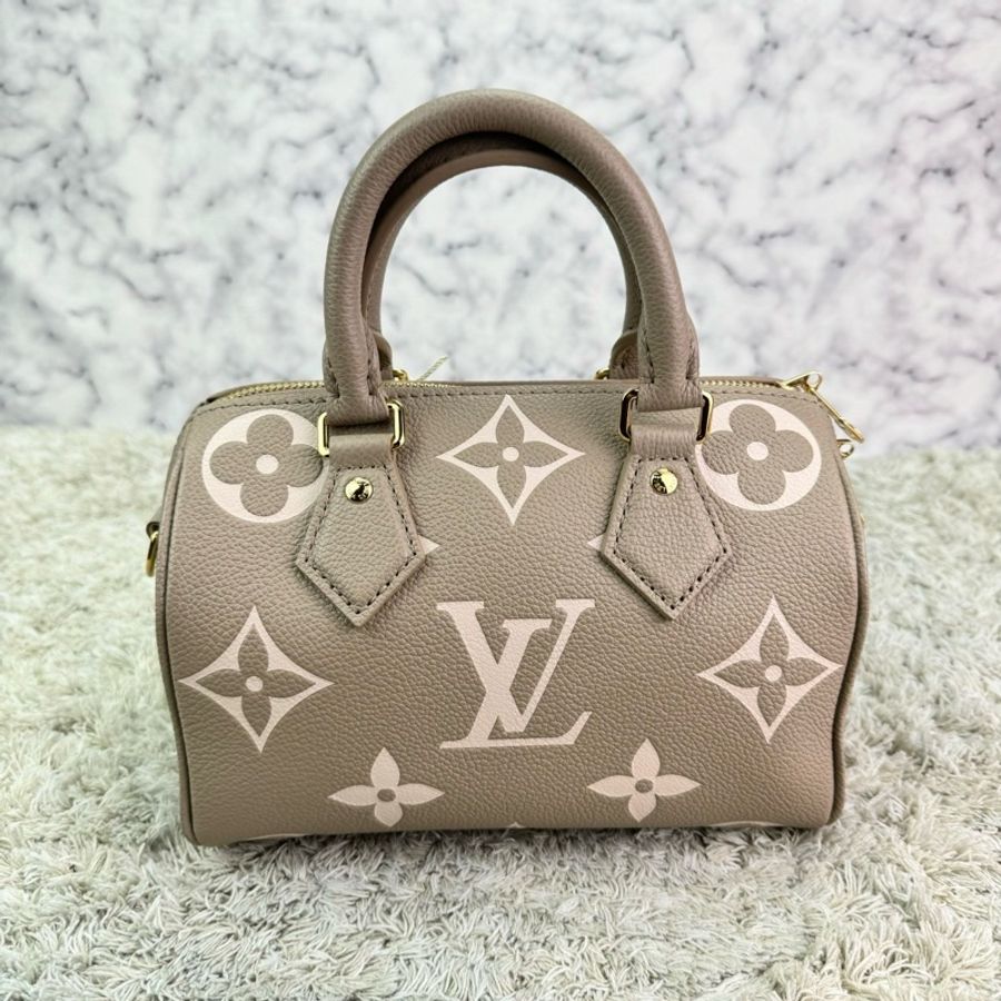 LV M46575經典Speedy Bandoulière 20 Empreinte皮革手提/斜背包(斑鳩灰色/ 奶油色)-5