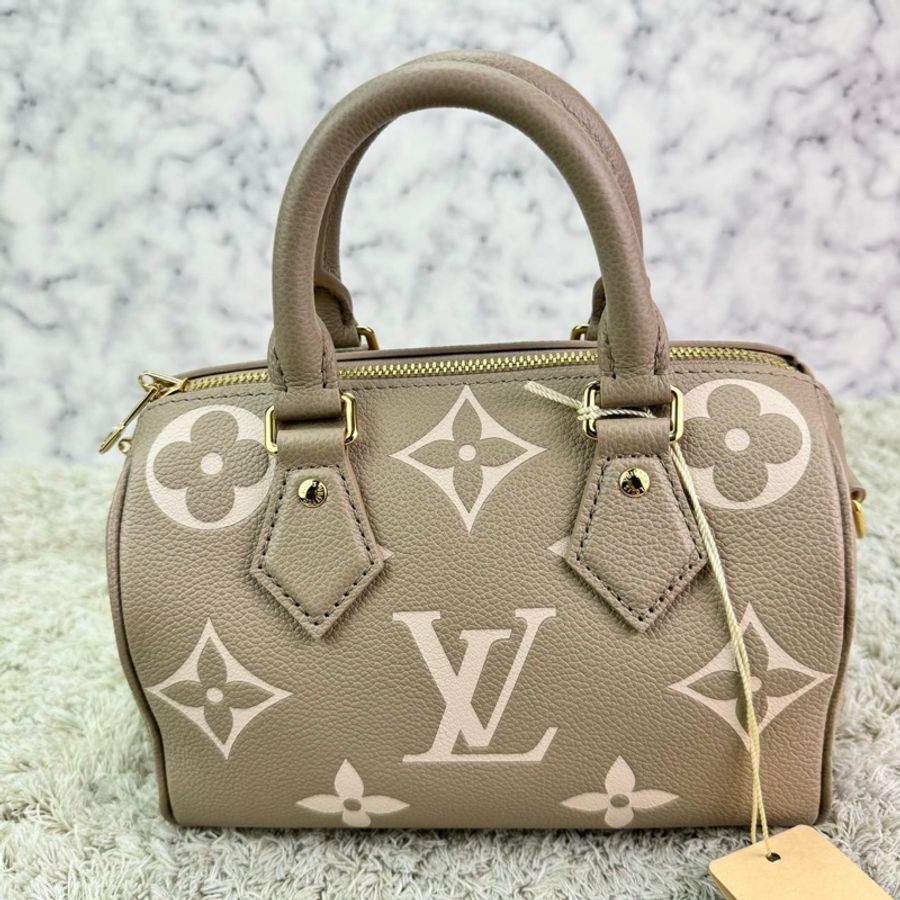 LV M46575經典Speedy Bandoulière 20 Empreinte皮革手提/斜背包(斑鳩灰色/ 奶油色)-6