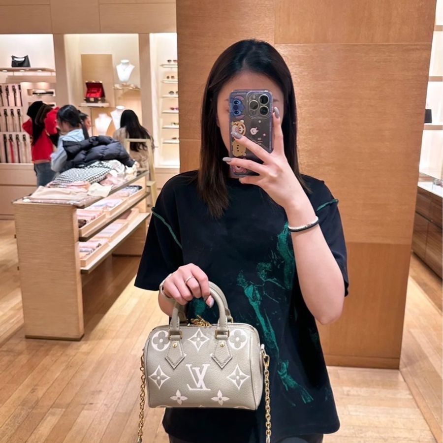 LV M46575經典Speedy Bandoulière 20 Empreinte皮革手提/斜背包(斑鳩灰色/ 奶油色)-30