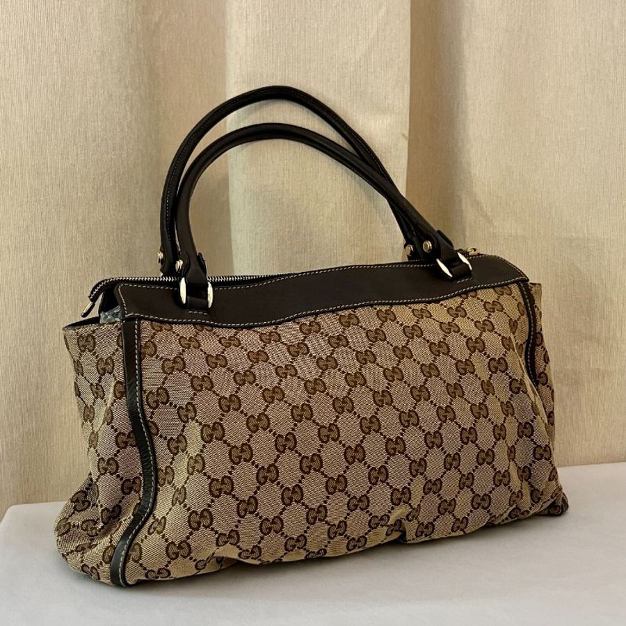 Gucci啡色老花黑色皮革水餃包側肩孭揹手袋 日出中古二手vintage-2