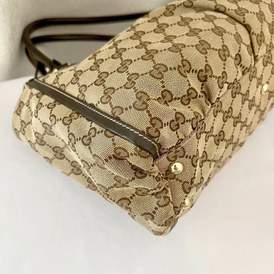 Gucci啡色老花黑色皮革水餃包側肩孭揹手袋 日出中古二手vintage-11