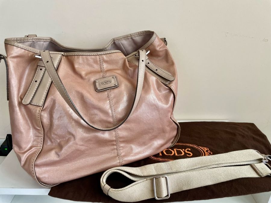 TOD’S  G-Bag 漆亮帆布肩背包 斜背包 手提包 防水包 粉膚色-0