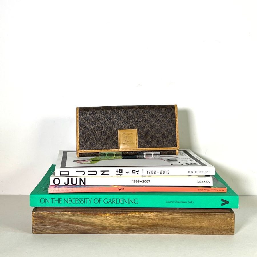 Celine啡色老花早期口金卡片套錢包長夾小手袋 Macadam Long Purse 日出中古二手vintage-0