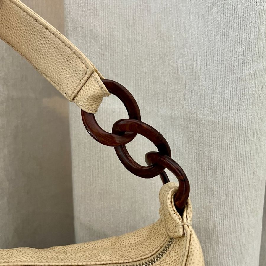 Chanel獨特罕有木質連接手袋啡黃色肩背側背孭包 Vintage Beige Caviar Leather CC Hobo Bag 日出中古vintage-6