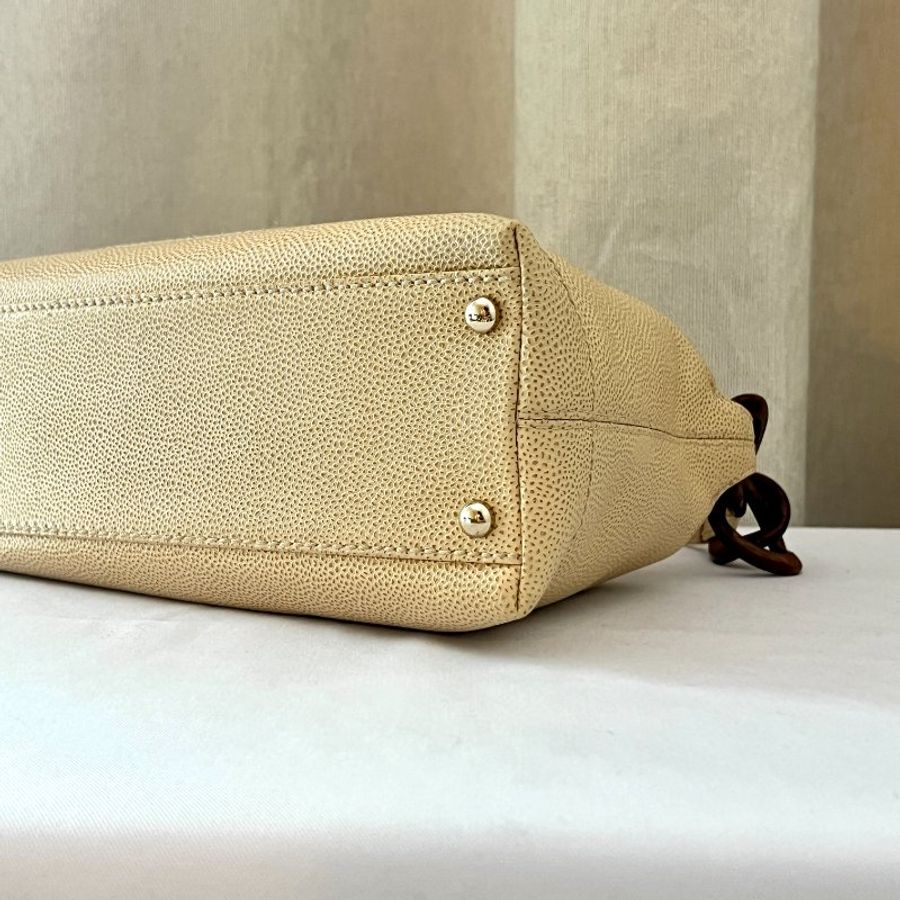 Chanel獨特罕有木質連接手袋啡黃色肩背側背孭包 Vintage Beige Caviar Leather CC Hobo Bag 日出中古vintage-12