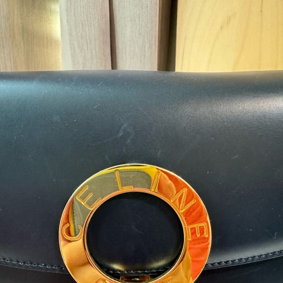 Celine vintage 深藍金環水桶肩背-23
