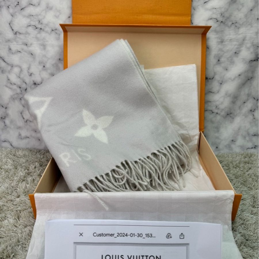 LV M78909 Reykjavik系列Monogram織花羊絨雙面針織圍巾 灰褐色-0