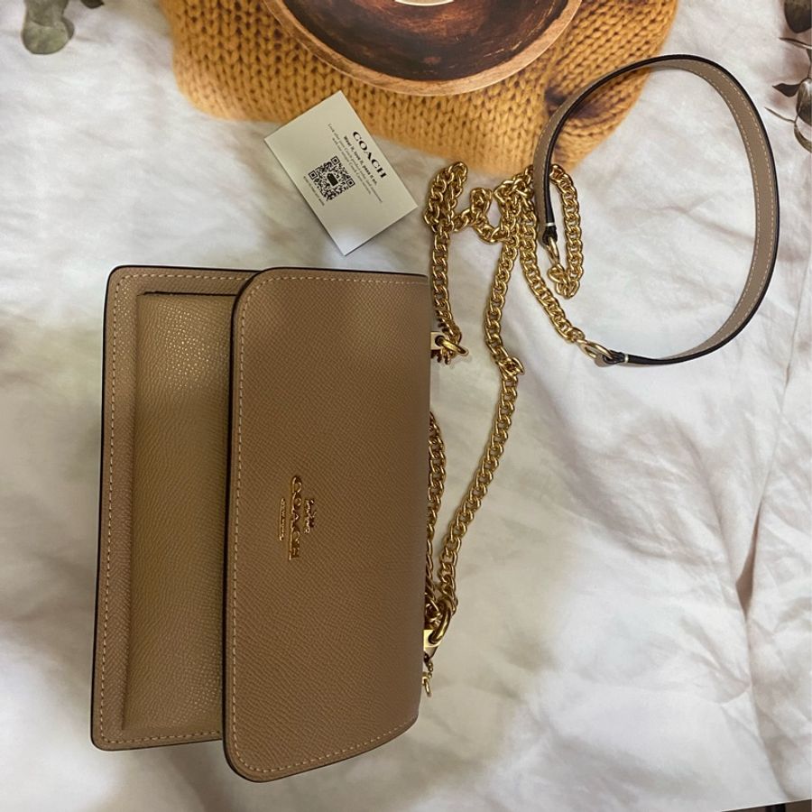 【COACH】奶茶色防刮全皮內雙層鍊帶方型斜背包/風琴包/翻蓋包 (迷你小款)-8