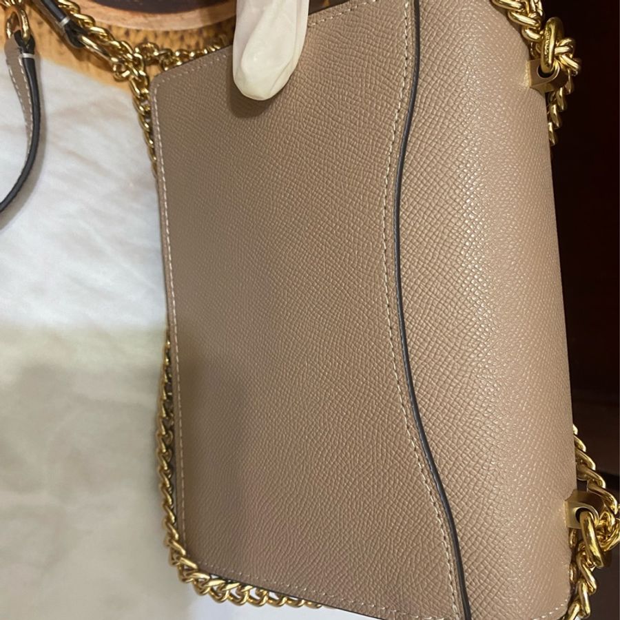 【COACH】奶茶色防刮全皮內雙層鍊帶方型斜背包/風琴包/翻蓋包 (迷你小款)-9