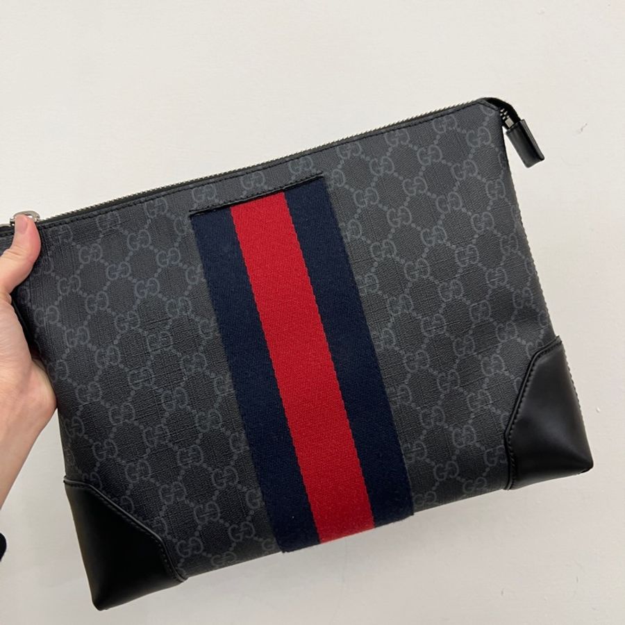 Gucci 黑灰PVC黑牛皮一字拉手挽袋手拿包-0