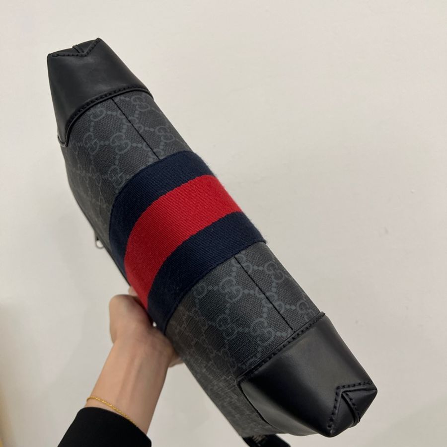Gucci 黑灰PVC黑牛皮一字拉手挽袋手拿包-5