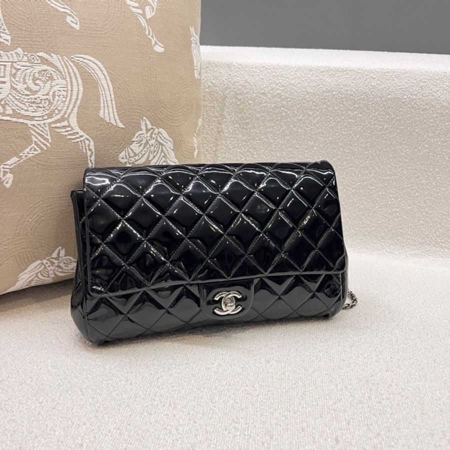 Chanel CF系列 漆皮黑銀 單肩包-4