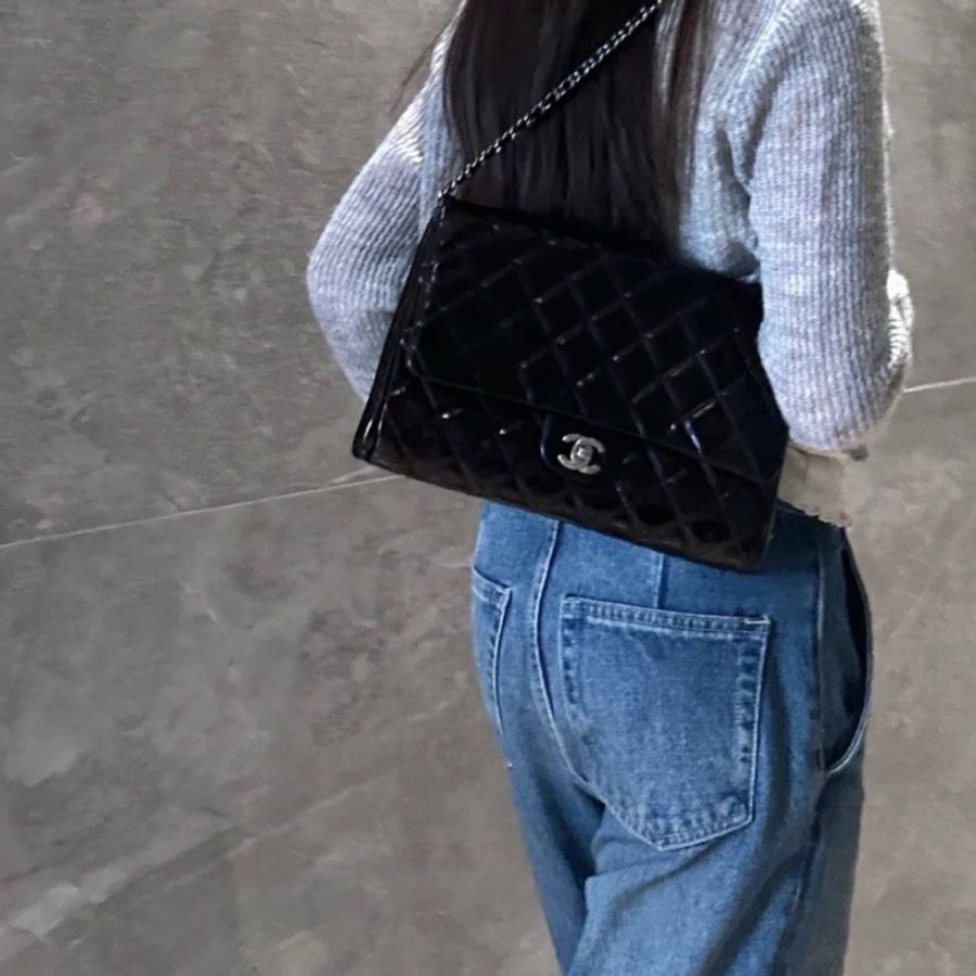 Chanel CF系列 漆皮黑銀 單肩包-6