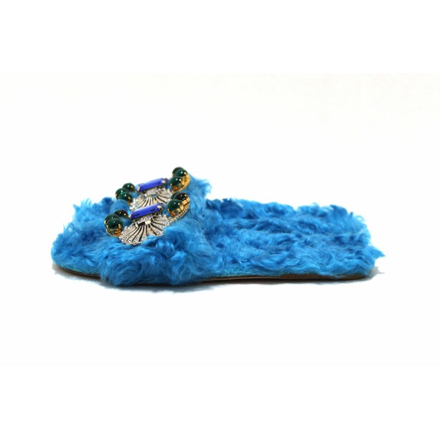Miu Miu Teal Turquoise Blue Sherling Fur Rhinestones Flat Sandals Shoes Size 35-0