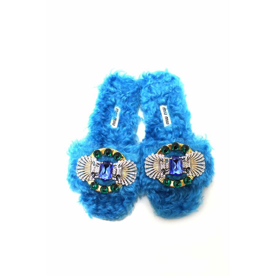 Miu Miu Teal Turquoise Blue Sherling Fur Rhinestones Flat Sandals Shoes Size 35-2