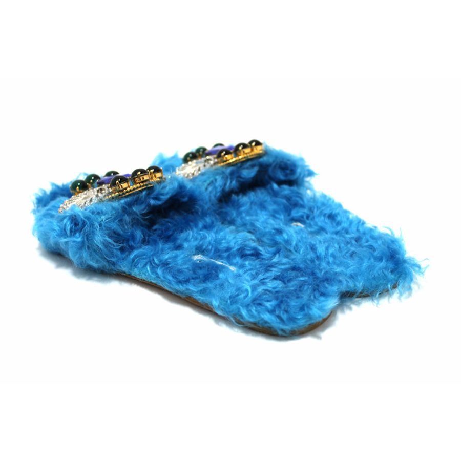 Miu Miu Teal Turquoise Blue Sherling Fur Rhinestones Flat Sandals Shoes Size 35-3