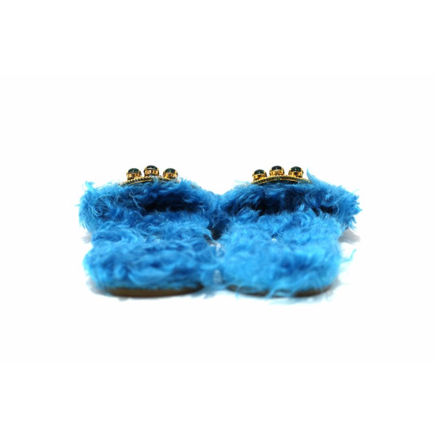 Miu Miu Teal Turquoise Blue Sherling Fur Rhinestones Flat Sandals Shoes Size 35-4
