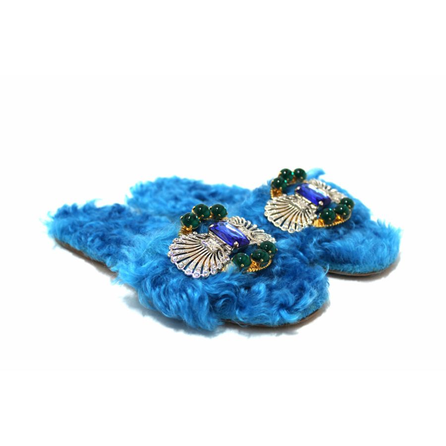 Miu Miu Teal Turquoise Blue Sherling Fur Rhinestones Flat Sandals Shoes Size 35-5