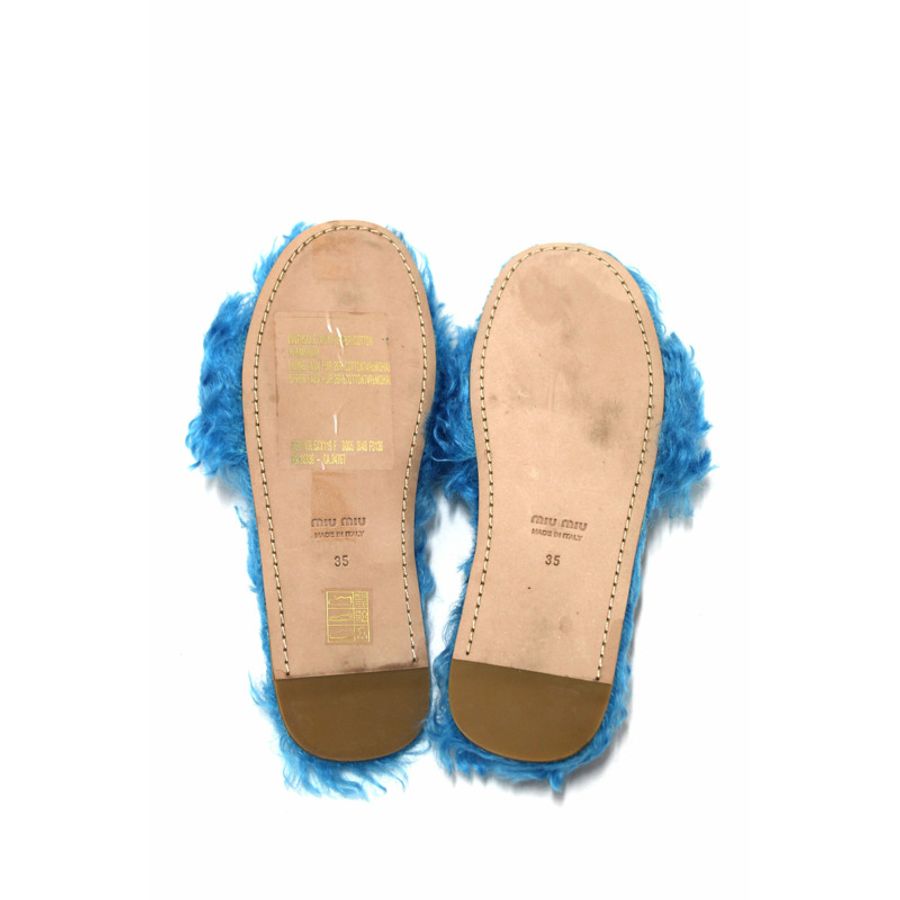 Miu Miu Teal Turquoise Blue Sherling Fur Rhinestones Flat Sandals Shoes Size 35-7