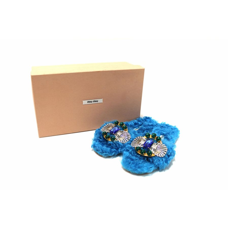 Miu Miu Teal Turquoise Blue Sherling Fur Rhinestones Flat Sandals Shoes Size 35-9